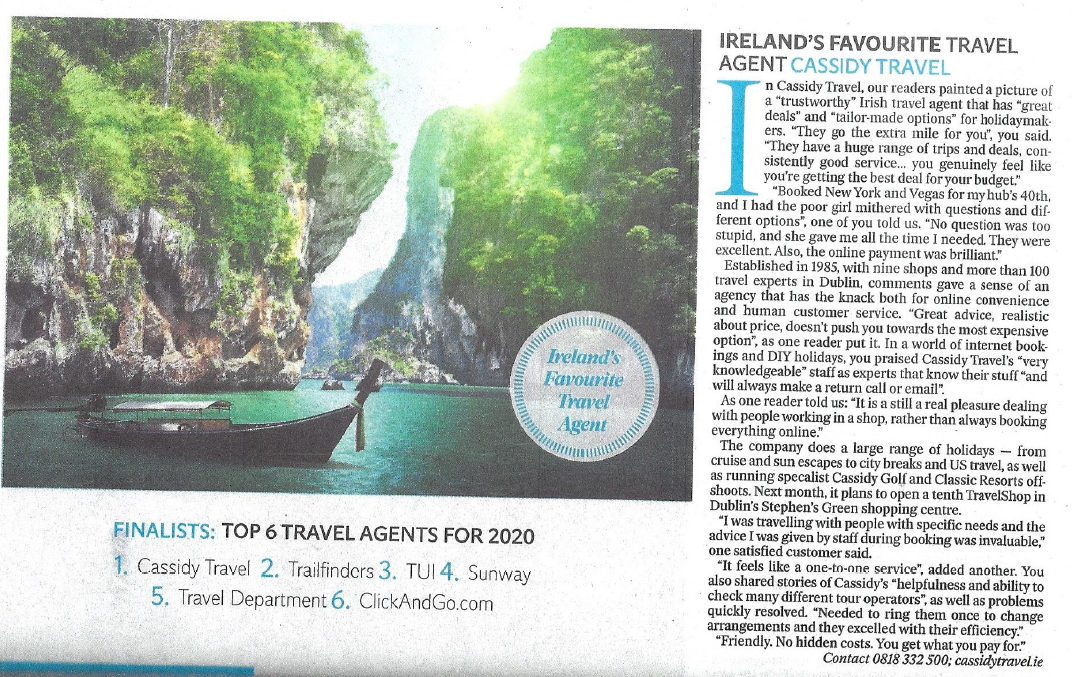 Cassidy Travel Wins Ireland's Favourite Travel Agent